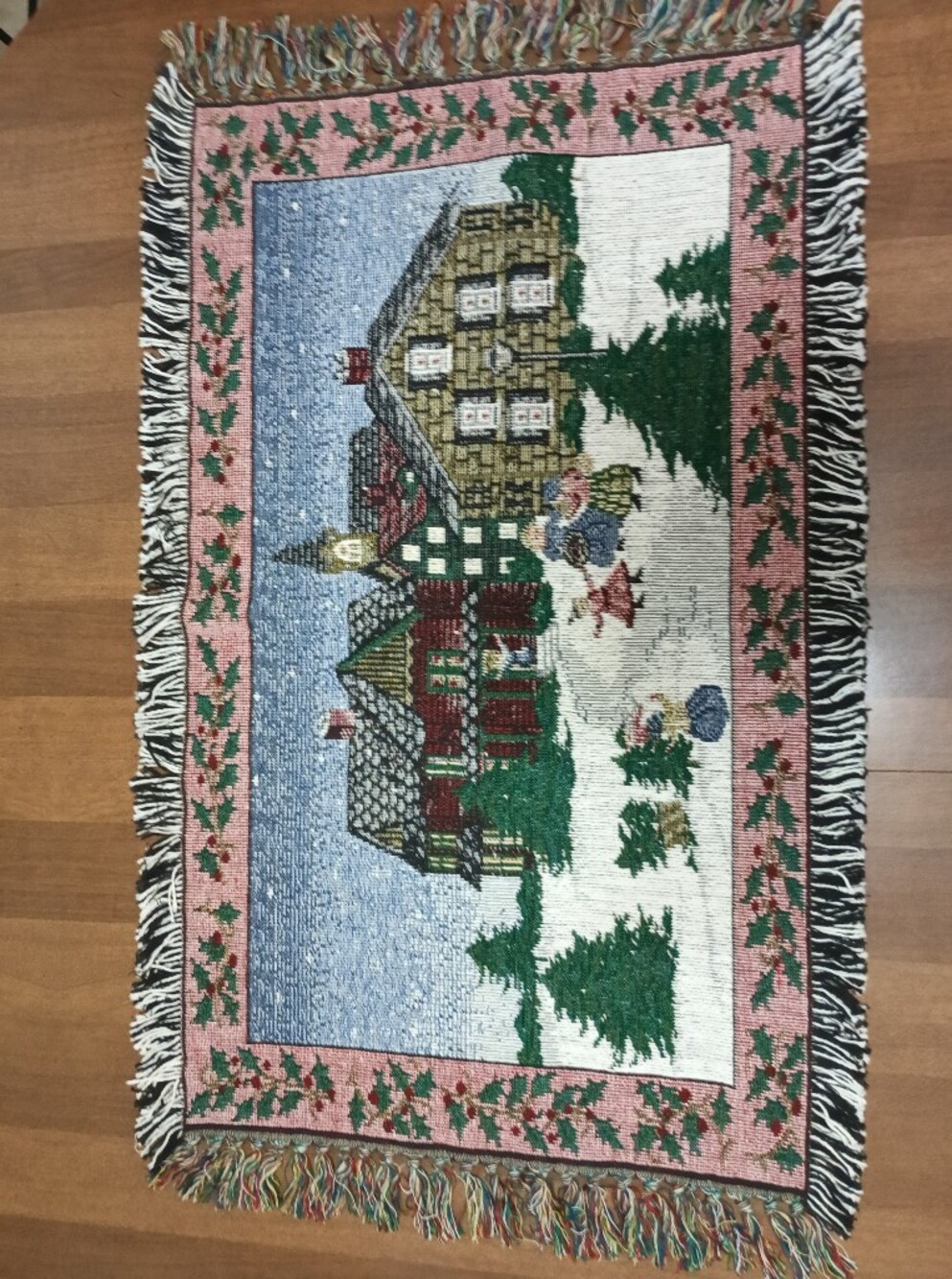 NWOT Vintage Playing In The Snow Red Christmas Tapestry Rug (37”L x 21 3/4”H)